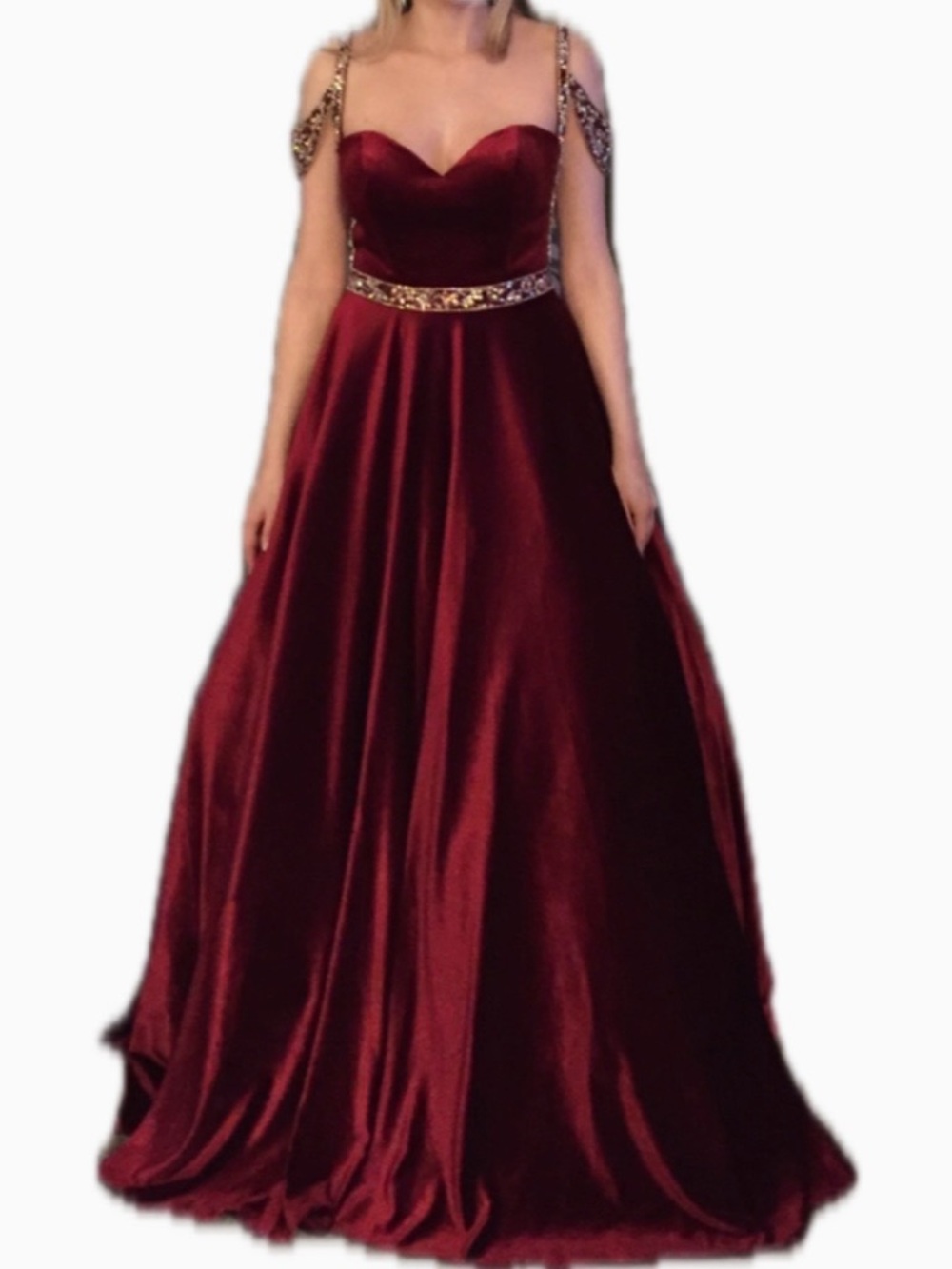 Tiffany Designs Burgundy Velvet Cold-Shoulder Evening Gown / Prom dress